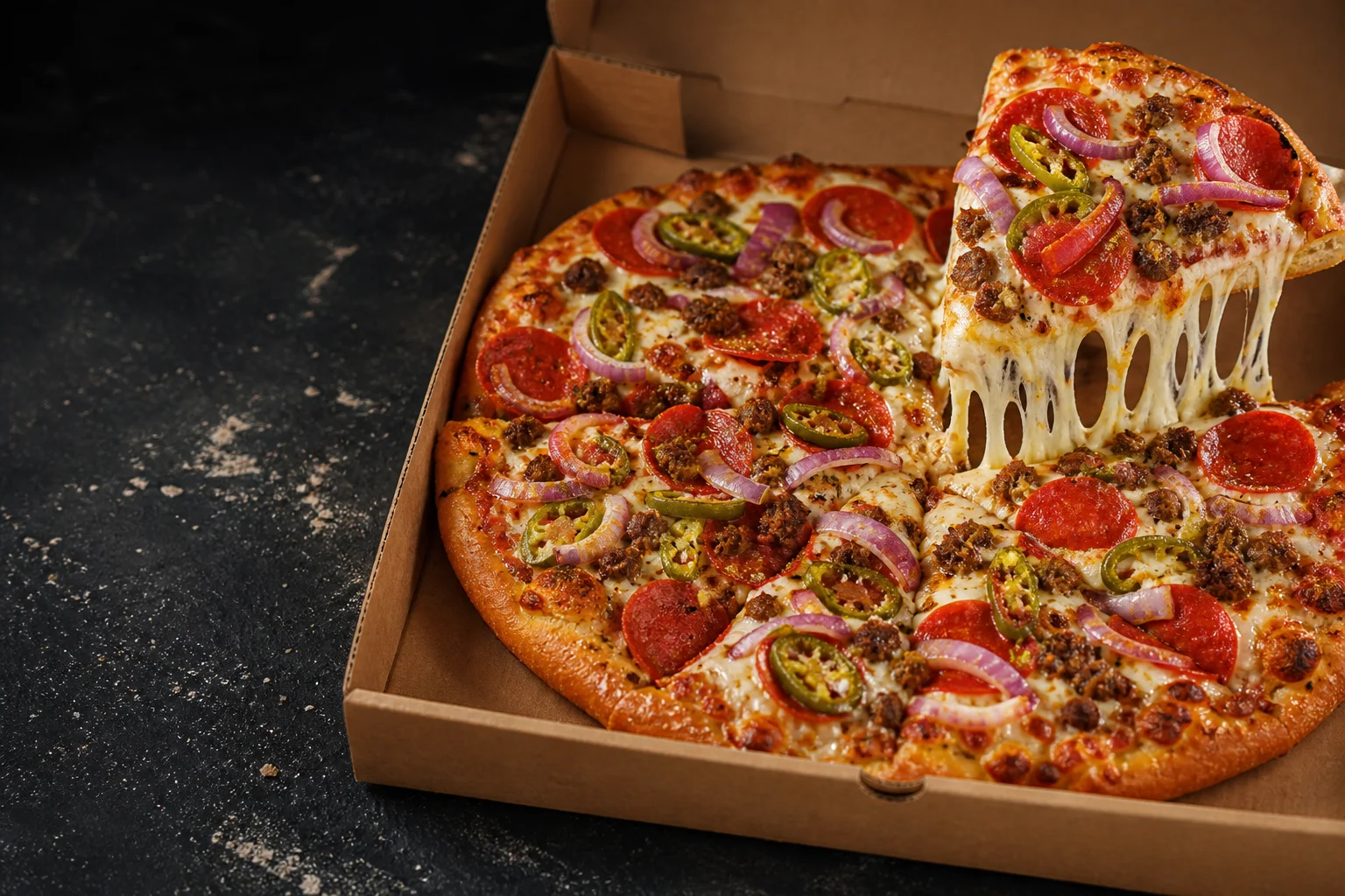Reich belegte Pizza in einer geöffneten Pizzabox